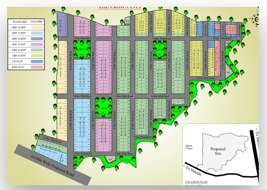 The Crown City master plan — wide roads, open green spaces and planned plot sizing